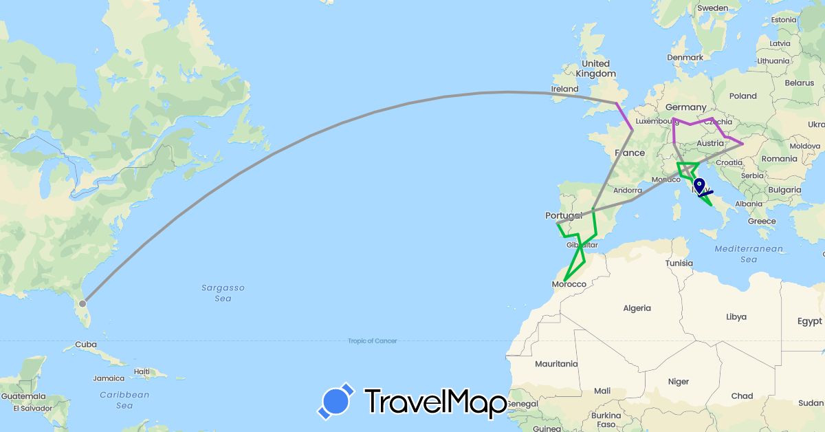 TravelMap itinerary: driving, bus, plane, train in Austria, Switzerland, Czech Republic, Germany, Spain, France, United Kingdom, Hungary, Italy, Morocco, Portugal, Slovakia, United States (Africa, Europe, North America)